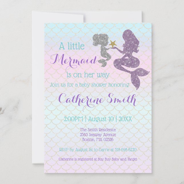 Customise Mermaid Baby Shower Sparkle Purple Teal Invitation (Front)