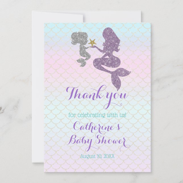 Customise Mermaid Baby Shower Sparkle Purple Teal Thank You Card (Front)