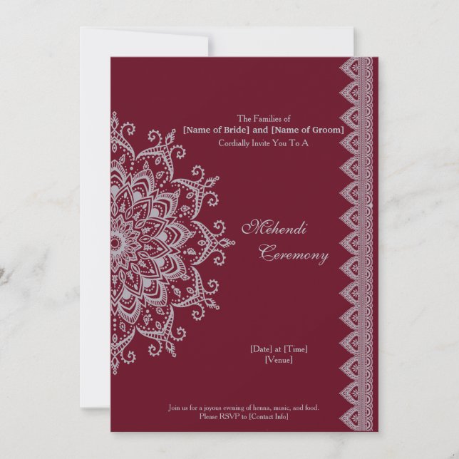 Customise Metallic Silver Burgundy Mehendi Indian Invitation (Front)