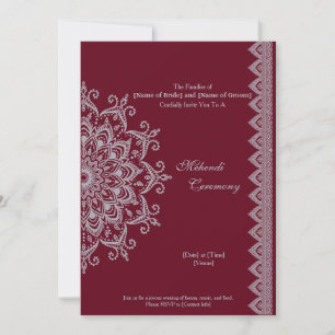Customise Metallic Silver Burgundy Mehendi Indian Invitation