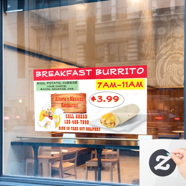 Customise Mexican Restaurant Breakfast Burrito  Window Cling (Cafe Window)