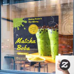 Customise Minimalist Matcha Boba Tea Doughnut Shop Window Cling