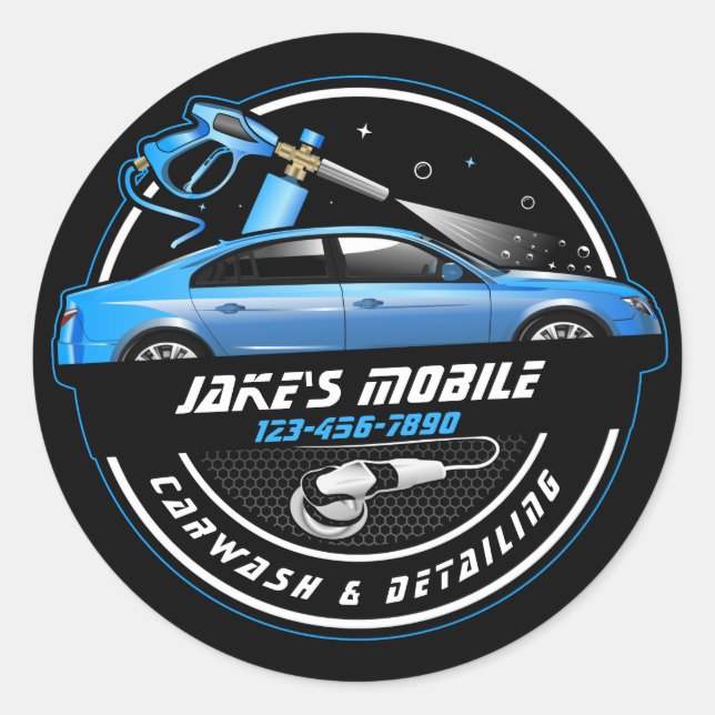 Customise Mobile Car Wash Detailing Blue Business  Classic Round Sticker (Front)