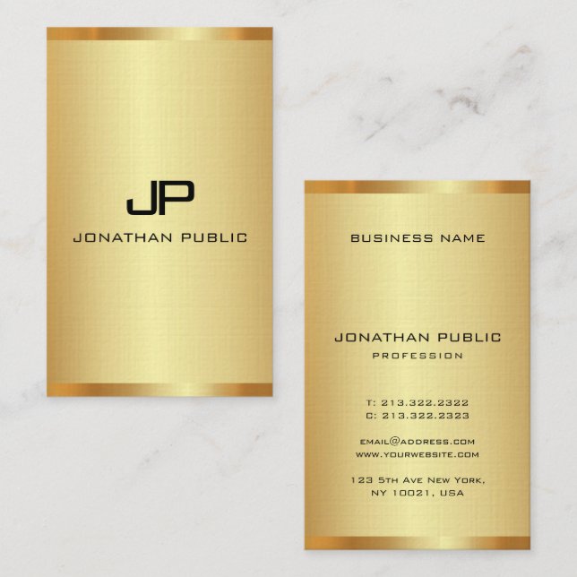 Customise Monogram Elegant Faux Gold Vertical Business Card (Front/Back)