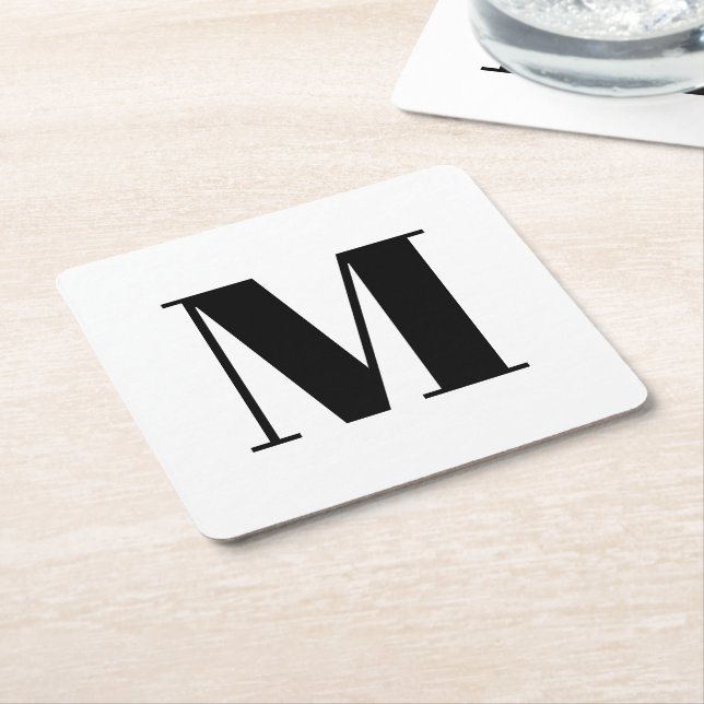 Customise monogram initial black white square paper coaster (Angled)