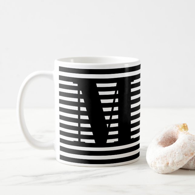Customise monogram initial black white stripes coffee mug (With Donut)