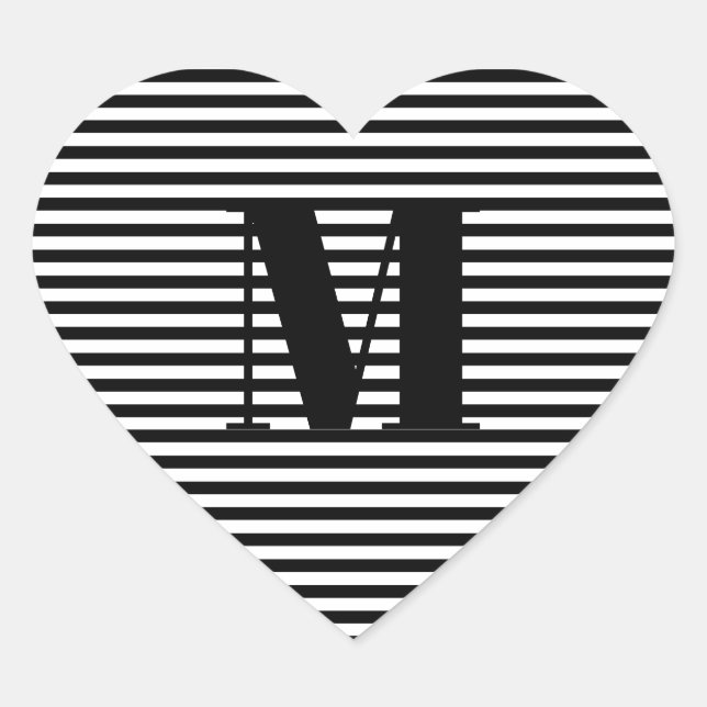 Customise monogram initial black white stripes heart sticker (Front)