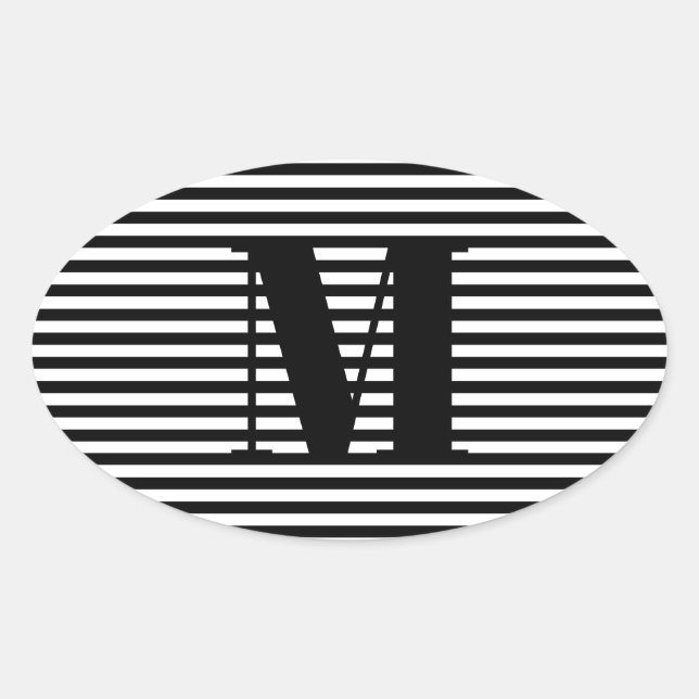 Customise monogram initial black white stripes oval sticker (Front)