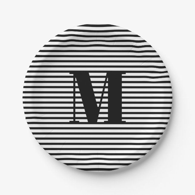 Customise monogram initial black white stripes paper plate (Front)