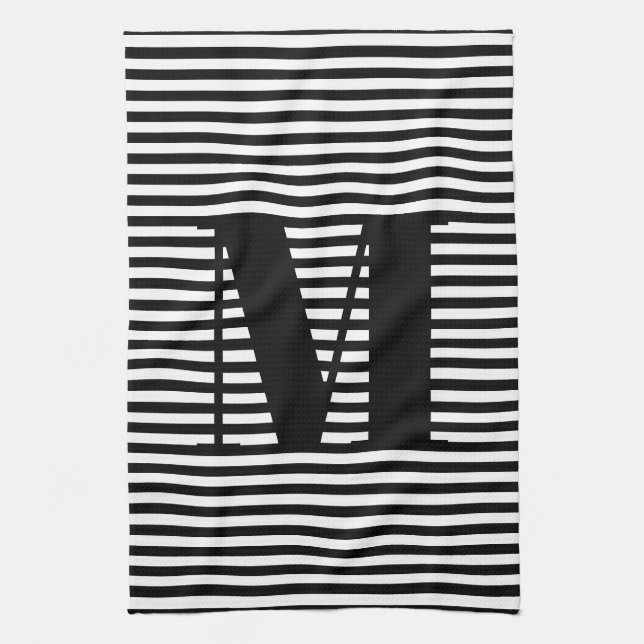Customise monogram initial black white stripes tea towel (Vertical)