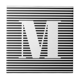 Customise monogram initial black white stripes tile