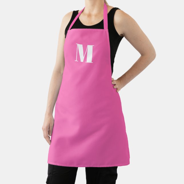 Customise monogram initial hot pink white apron (Insitu)
