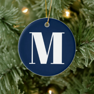 Customise monogram initial navy blue white ceramic tree decoration