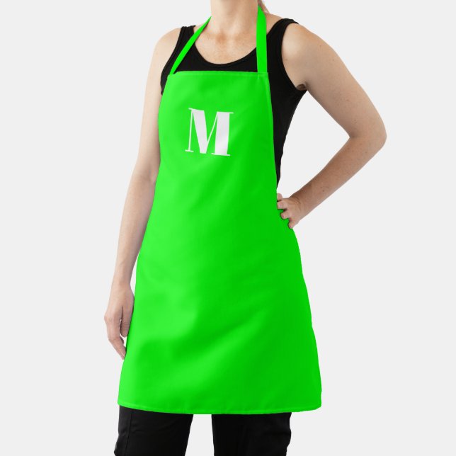 Customise monogram initial neon green white apron (Insitu)