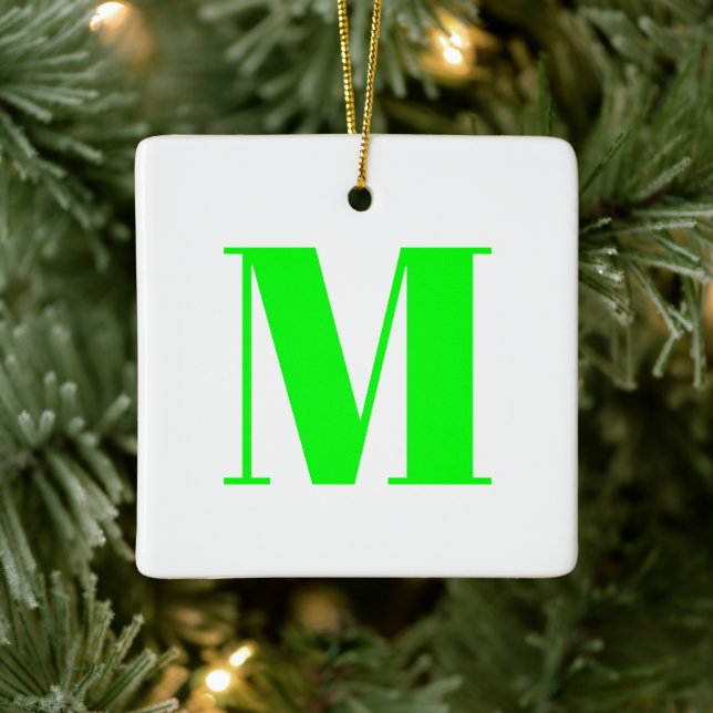 Customise monogram initial neon green white ceramic ornament (Tree)