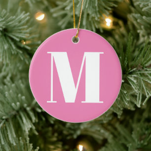 Customise monogram initial pink white Christmas Ceramic Tree Decoration