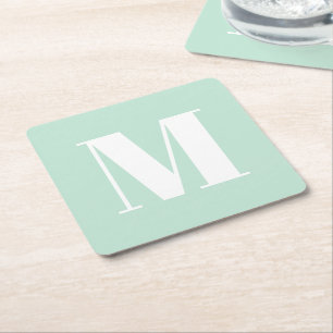 Customise monogram initial seafoam mint green square paper coaster