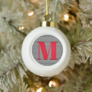 Customise monogram initial stripes Christmas Ceramic Ball Christmas Ornament