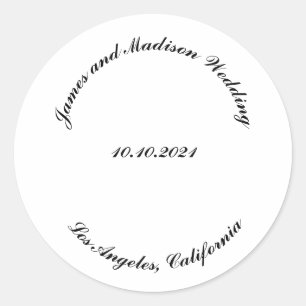 Customise Name, date black curved letters wedding Classic Round Sticker