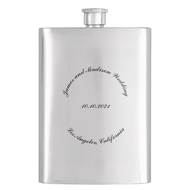 Customise Name, date black curved letters wedding Hip Flask (Front)