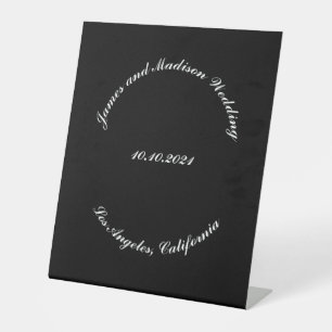 Customise Name, date black curved letters wedding Pedestal Sign