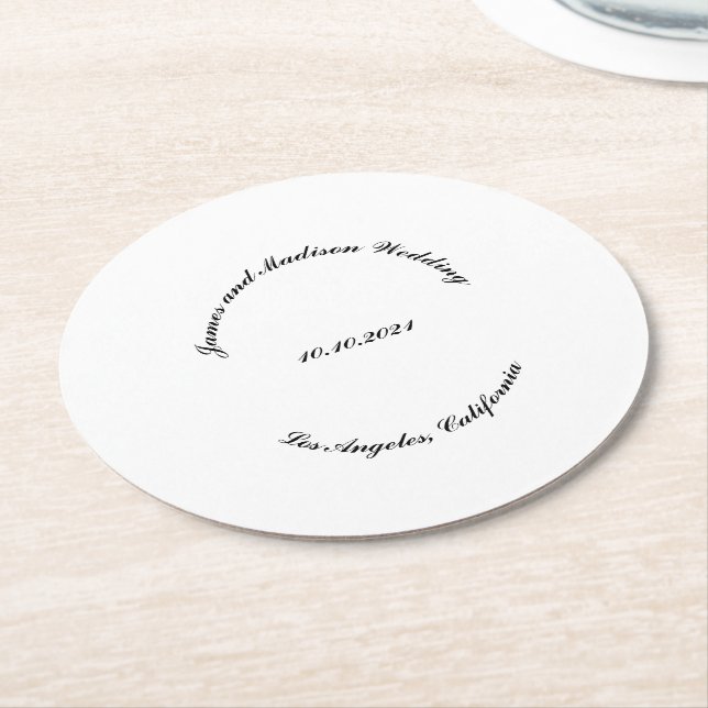 Customise Name, date black curved letters wedding Round Paper Coaster (Angled)
