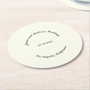 Customise Name, date black ivory wedding Round Paper Coaster
