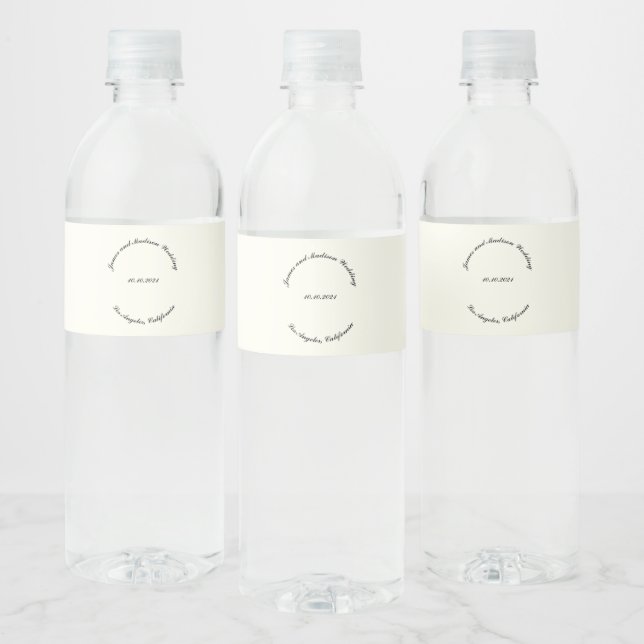 Customise Name, date black ivory wedding Water Bottle Label (Bottles)