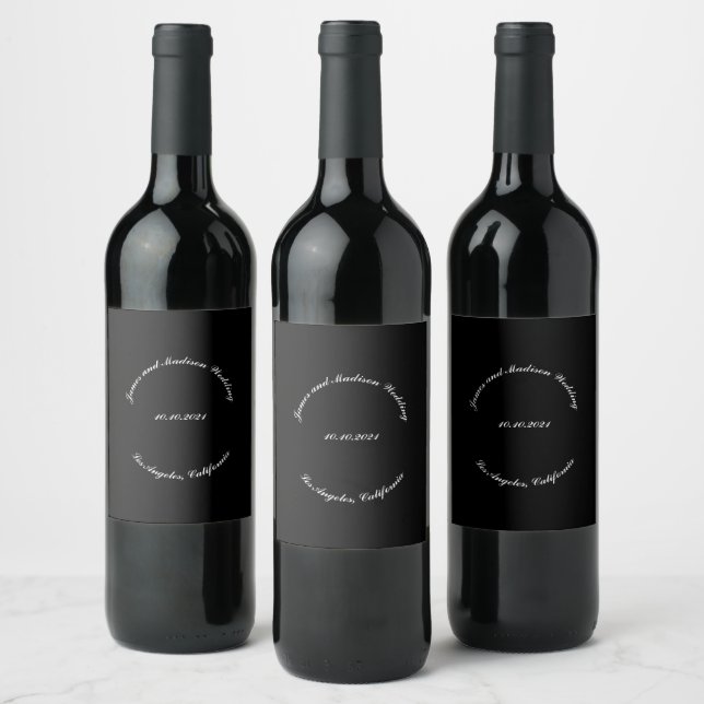 Customise Name, date black white wedding Wine Label (Bottles)