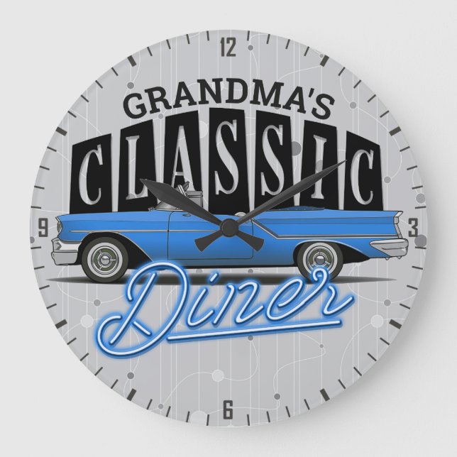 Customise NAME Faux Neon Fifties Classic Car Diner Large Clock (Front)