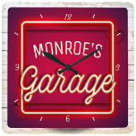 Customise NAME Faux Neon Sign Hot Rod Car Garage Square Wall Clock<br><div class="desc">Personalise this truly unique, one-of-a-kind Retro Vintage American FAUX Neon Sign Style Custom Hot Rod Garage Gift. Perfect addition to your retro home and garage decor! Personalised with your Name or Custom Text! The coolest 1950's look around... Faux Neon Sign - Rockabilly Hot Rod Hotrod Kustom Dad's Garage Man Cave...</div>