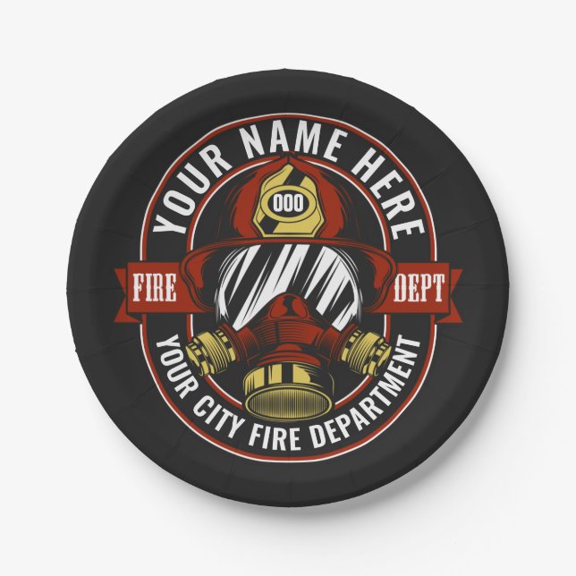 Customise NAME Firefighter Helmet Mask Fire Rescue Paper Plate (Front)