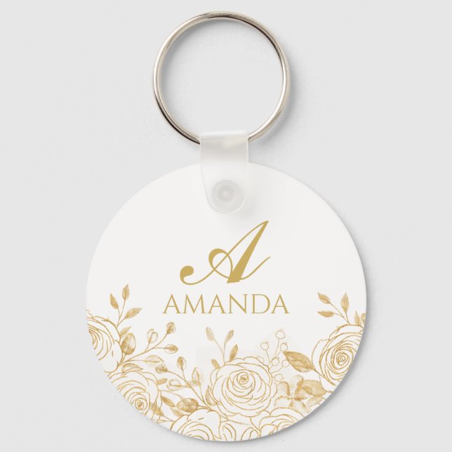 Customise Name Gold Luxury Flower Key Ring (Front)
