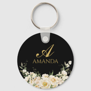 Customise Name Gold & White Flower Keychain