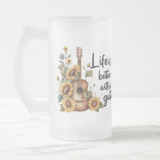 Customise Name Guitar With Sunflower Frosted Glass Beer Mug