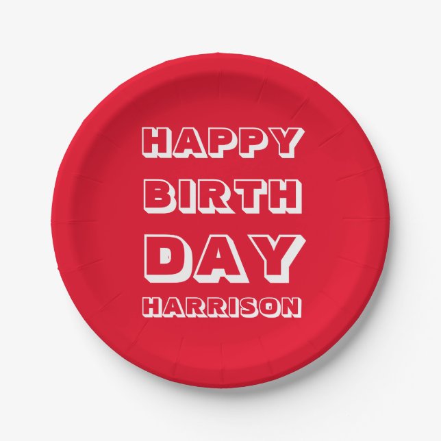 Customise Name, Happy Birthday, Red white bold Paper Plate (Front)
