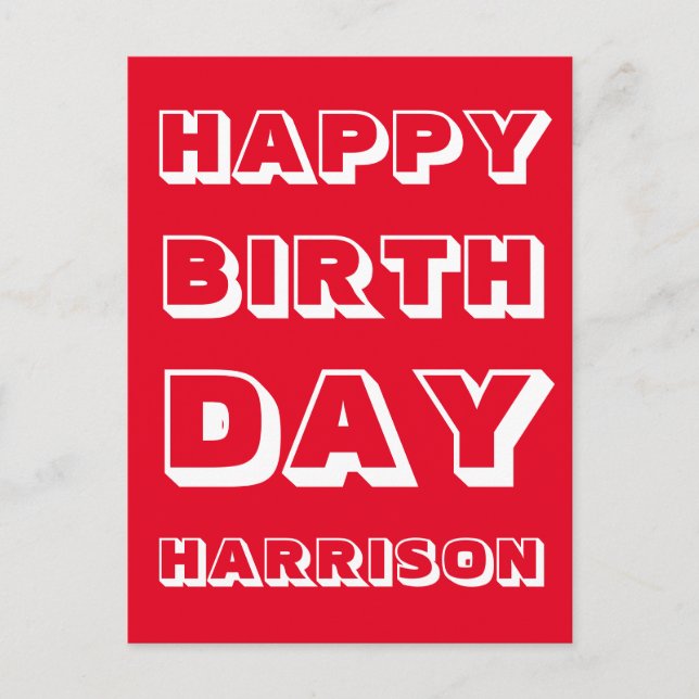 Customise Name, Happy Birthday, Red white bold Postcard (Front)