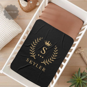Customise Name & Initial Black White Gold Monogram Baby Blanket