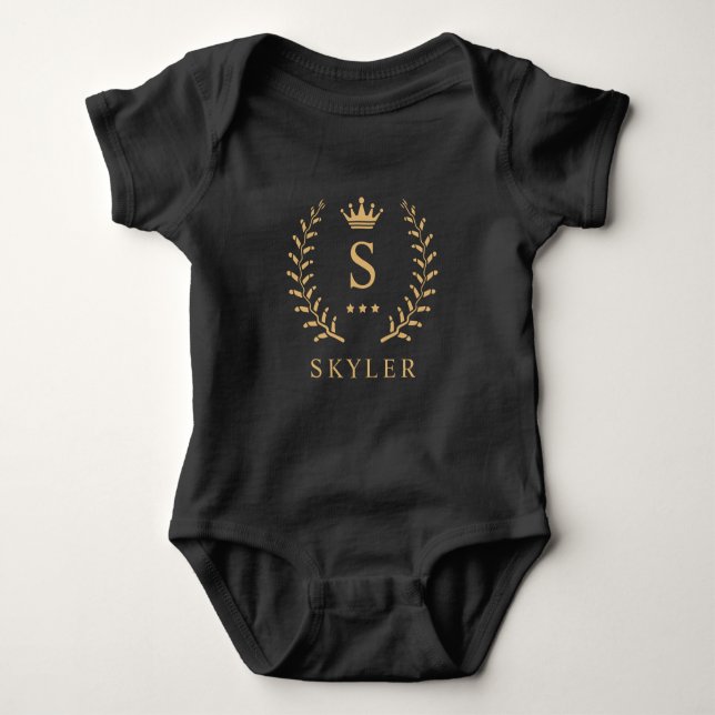 Customise Name & Initial Black White Gold Monogram Baby Bodysuit (Front)