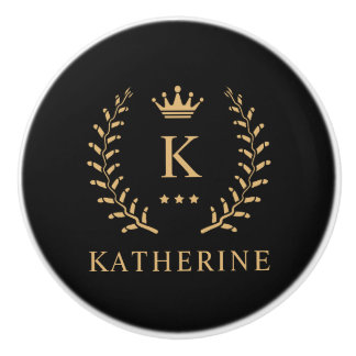 Customise Name & Initial Black White Gold Monogram Ceramic Knob