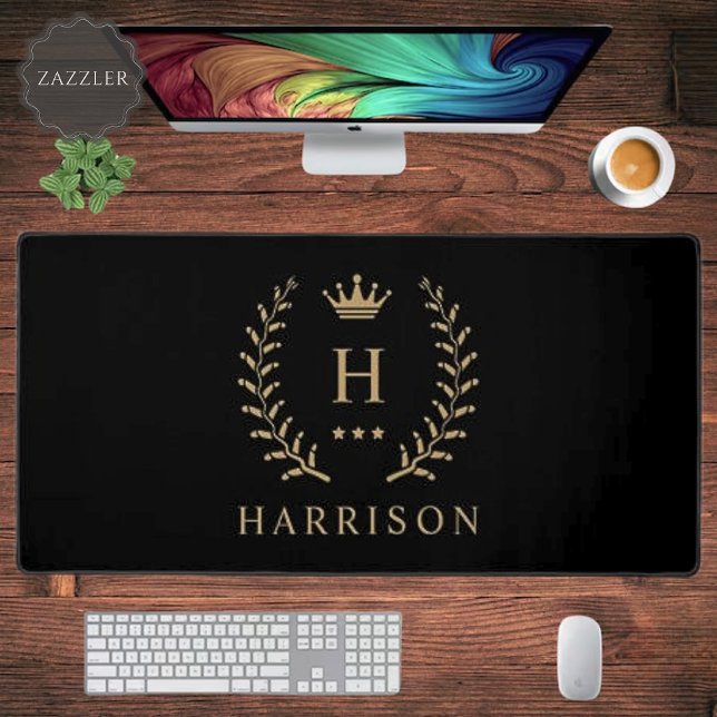 Customise Name & Initial Black White Gold Monogram Desk Mat (Customize Name & Initial Black White Gold Monogram Desk Mat)
