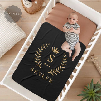 Customise Name & Initial Black White Gold Monogram Fleece Blanket