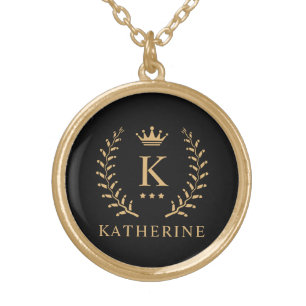 Customise Name & Initial Black White Gold Monogram Gold Plated Necklace