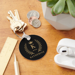 Customise Name & Initial Black White Gold Monogram Key Ring