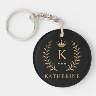 Customise Name & Initial Black White Gold Monogram Key Ring