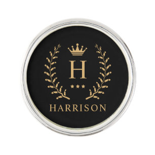 Customise Name & Initial Black White Gold Monogram Lapel Pin
