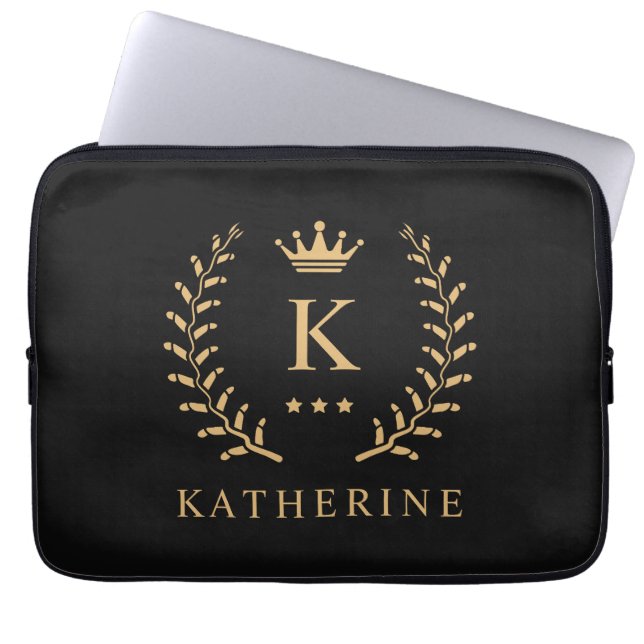 Customise Name & Initial Black White Gold Monogram Laptop Sleeve (Front)