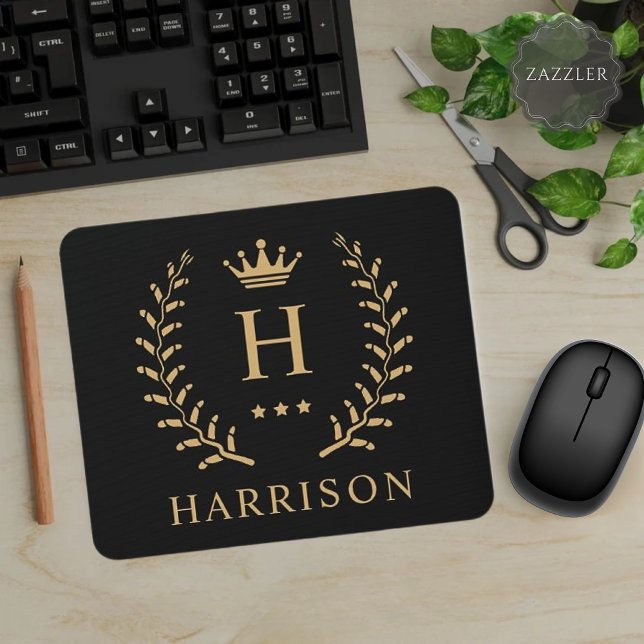 Customise Name & Initial Black White Gold Monogram Mouse Mat (Customize Name & Initial Black White Gold Monogram Mouse Pad)