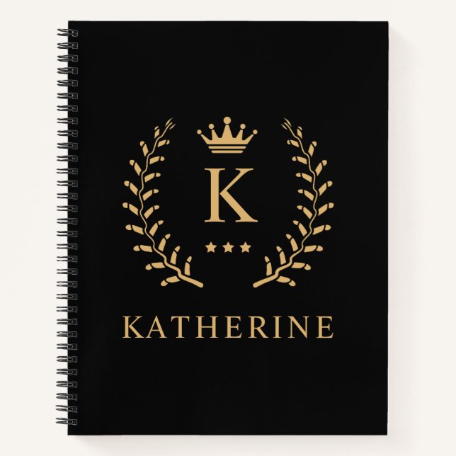 Customise Name & Initial Black White Gold Monogram Notebook (Front)