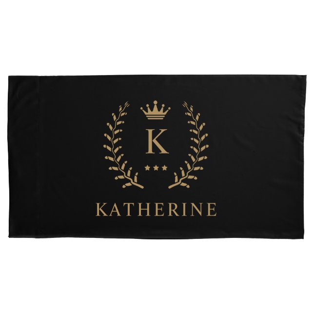 Customise Name & Initial Black White Gold Monogram Pillowcase (Front)